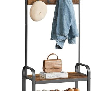 VASAGLE Coat Rack, Hall Tree with Shoe Bench for Entryway, Entryway Bench with Coat Rack, 4-in-1, with 9 Removable Hooks, a Hanging Rod, 13.3 x 28.3 x 72.1 Inches, Rustic Brown and Black UHSR40B