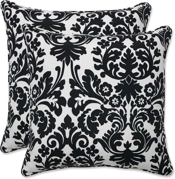 Pillow Perfect Damask Indoor/Outdoor Accent Throw Pillow, Plush Fill, Weather, and Fade Resistant, Large Throw - 18.5" x 18.5", Black/Ivory Essence, 2 Count - Image 2