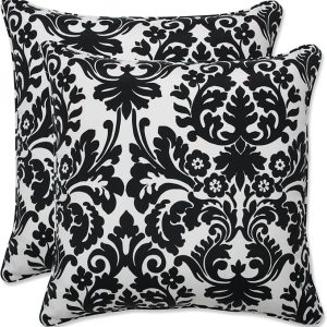 Pillow Perfect Damask Indoor/Outdoor Accent Throw Pillow, Plush Fill, Weather, and Fade Resistant, Large Throw - 18.5" x 18.5", Black/Ivory Essence, 2 Count