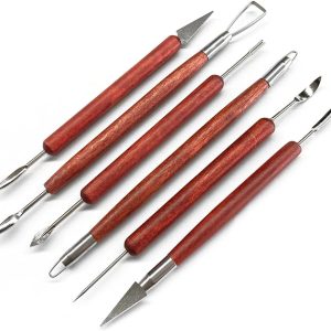 Clay Sculpting Tools, 6 PCS Double-Ended Stainless Steel Polymer Clay Tools, Wooden Handle Pottery Tools for Embossing, Carving Tools and Supplies