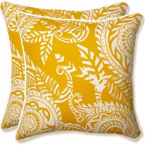 Pillow Perfect Paisley Indoor/Outdoor Accent Throw Pillow, Plush Fill, Weather, and Fade Resistant, Large Throw - 18.5" x 18.5", Yellow/Ivory Addie, 2 Count