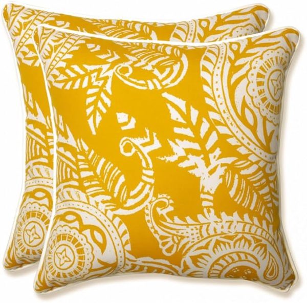 Pillow Perfect Paisley Indoor/Outdoor Accent Throw Pillow, Plush Fill, Weather, and Fade Resistant, Large Throw - 18.5" x 18.5", Yellow/Ivory Addie, 2 Count
