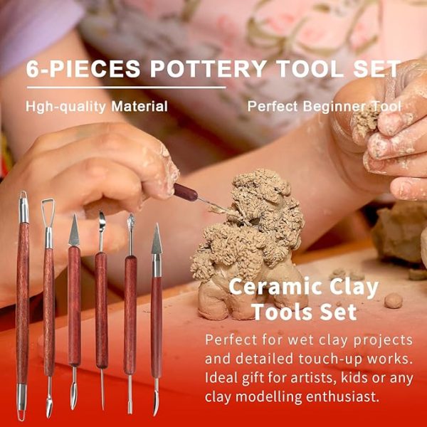 Clay Sculpting Tools, 6 PCS Double-Ended Stainless Steel Polymer Clay Tools, Wooden Handle Pottery Tools for Embossing, Carving Tools and Supplies - Image 4