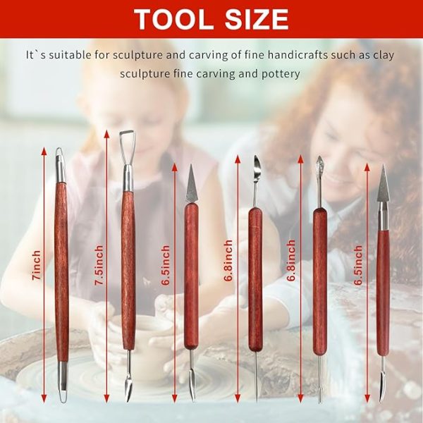 Clay Sculpting Tools, 6 PCS Double-Ended Stainless Steel Polymer Clay Tools, Wooden Handle Pottery Tools for Embossing, Carving Tools and Supplies - Image 3