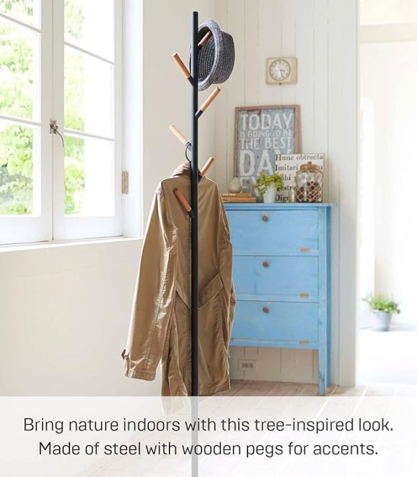 Yamazaki Home Plain Freestanding Coat Hanger Rack With Wooden Hooks, Space Saving, 70" - Steel - Image 3