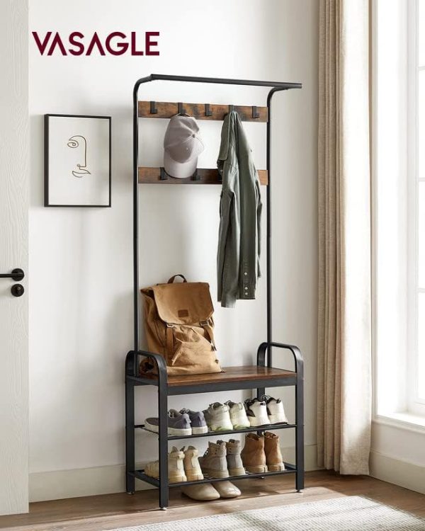 VASAGLE Coat Rack, Hall Tree with Shoe Bench for Entryway, Entryway Bench with Coat Rack, 4-in-1, with 9 Removable Hooks, a Hanging Rod, 13.3 x 28.3 x 72.1 Inches, Rustic Brown and Black UHSR40B - Image 2