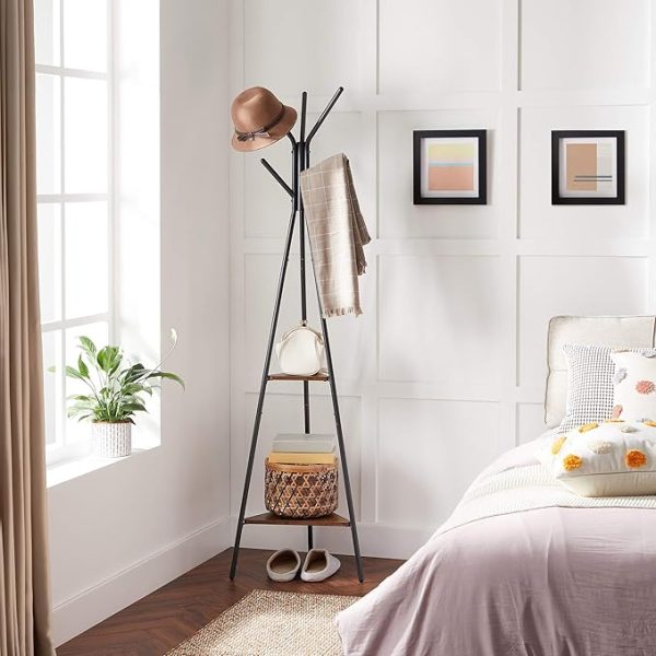VASAGLE Coat Rack Freestanding, Coat Hanger Stand, Hall Tree with 2 Shelves, for Clothes, Hat, Bag, Industrial Style, Rustic Brown and Black URCR16BX - Image 3