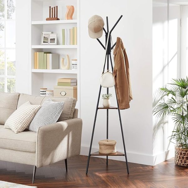 VASAGLE Coat Rack Freestanding, Coat Hanger Stand, Hall Tree with 2 Shelves, for Clothes, Hat, Bag, Industrial Style, Rustic Brown and Black URCR16BX - Image 5