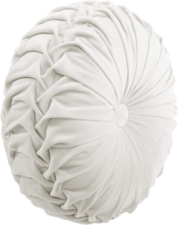 Lush Decor Round Pleated Soft Velvet Decorative Throw Pillow, 1 Count, 15" Diameter, White - Plush Round Pillow, Seat Cushion, Decorative Pillows For Bed, Couch, Or Chair - Image 2