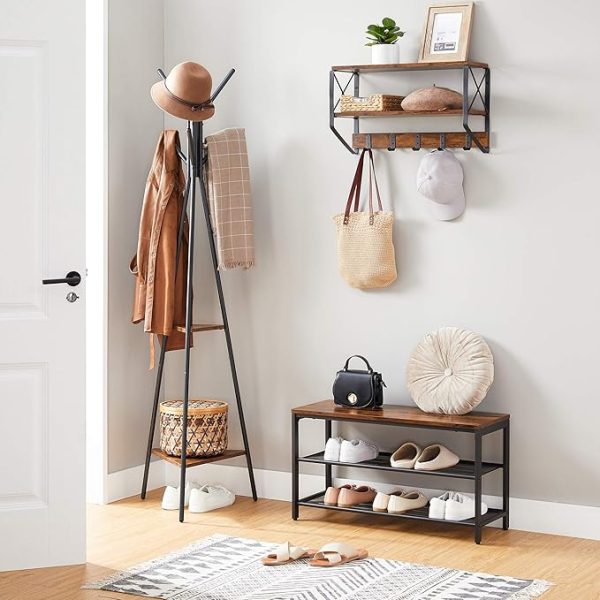 VASAGLE Coat Rack Freestanding, Coat Hanger Stand, Hall Tree with 2 Shelves, for Clothes, Hat, Bag, Industrial Style, Rustic Brown and Black URCR16BX - Image 2