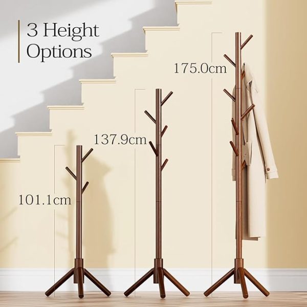 Pipishell Sturdy Wooden Coat Tree with 8 Hooks, 3 Adjustable Sizes for Clothes, Hat Stand Used in Bedroom/Office/Entryway, Brown - Image 3