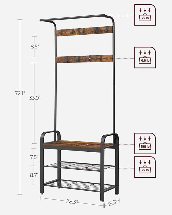 VASAGLE Coat Rack, Hall Tree with Shoe Bench for Entryway, Entryway Bench with Coat Rack, 4-in-1, with 9 Removable Hooks, a Hanging Rod, 13.3 x 28.3 x 72.1 Inches, Rustic Brown and Black UHSR40B - Image 4