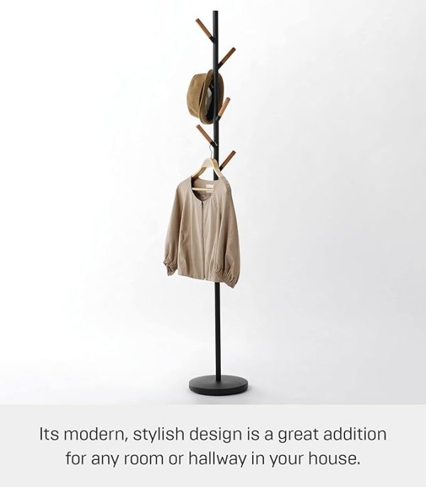 Yamazaki Home Plain Freestanding Coat Hanger Rack With Wooden Hooks, Space Saving, 70" - Steel - Image 2