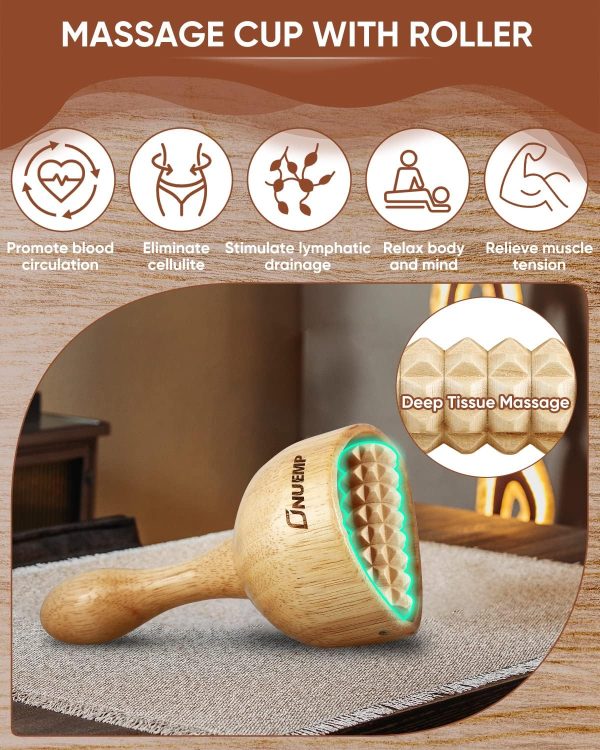 ONUEMP Wooden Therapy Cup with Roller, Wood Therapy Massage Tools, Maderoterapia Kit Colombiana, Fascia Roller for Body Shaping, Lymphatic Drainage, Cellulite Remover, Muscle Relief - Image 2