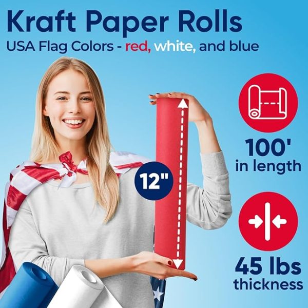 Kraft Paper Set 12" x 1200" (100 ft) Red, White, and Blue Patriotic Kraft Paper Rolls for Independence Day, Memorial Day, Crafts, and DIY Projects - American Style Gift Wrapping Paper - Image 2