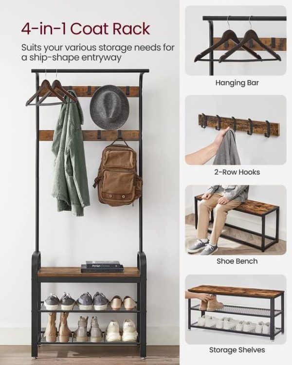 VASAGLE Coat Rack, Hall Tree with Shoe Bench for Entryway, Entryway Bench with Coat Rack, 4-in-1, with 9 Removable Hooks, a Hanging Rod, 13.3 x 28.3 x 72.1 Inches, Rustic Brown and Black UHSR40B - Image 3