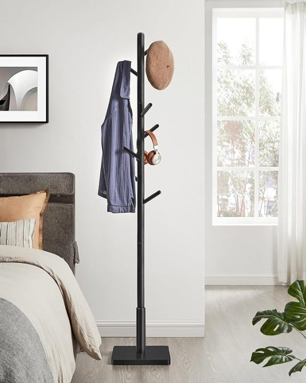 VASAGLE Coat Rack, Solid Wood Coat Stand, Freestanding Hall Tree, 8 Hooks, Ink Black URCR010B01 - Image 3