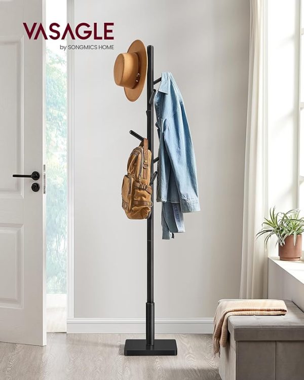 VASAGLE Coat Rack, Solid Wood Coat Stand, Freestanding Hall Tree, 8 Hooks, Ink Black URCR010B01 - Image 2